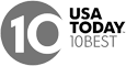 A &ldquo;USA TODAY 10 BEST&rdquo; logo, featuring a big &ldquo;10&rdquo; inside a grey badge with the words &ldquo;USA TODAY&rdquo; and &ldquo;10 BEST.&rdquo;