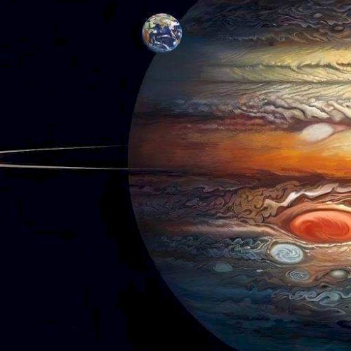 A stylized space view of Earth rising above a colorful, swirling gas-giant planet with clouds and a bright orange storm.