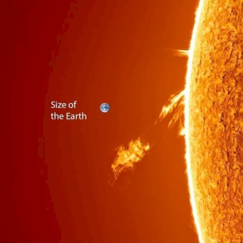 An image showing the Earth as a tiny blue dot next to a glowing star&rsquo;s edge, labeled &ldquo;Size of the Earth.&rdquo;