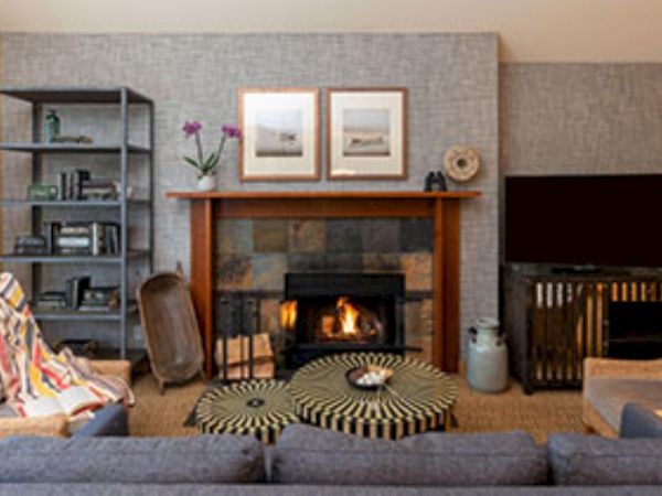 Cozy living room with a stone fireplace, framed wall art, a vase of purple flowers, and a shelving unit nearby.
