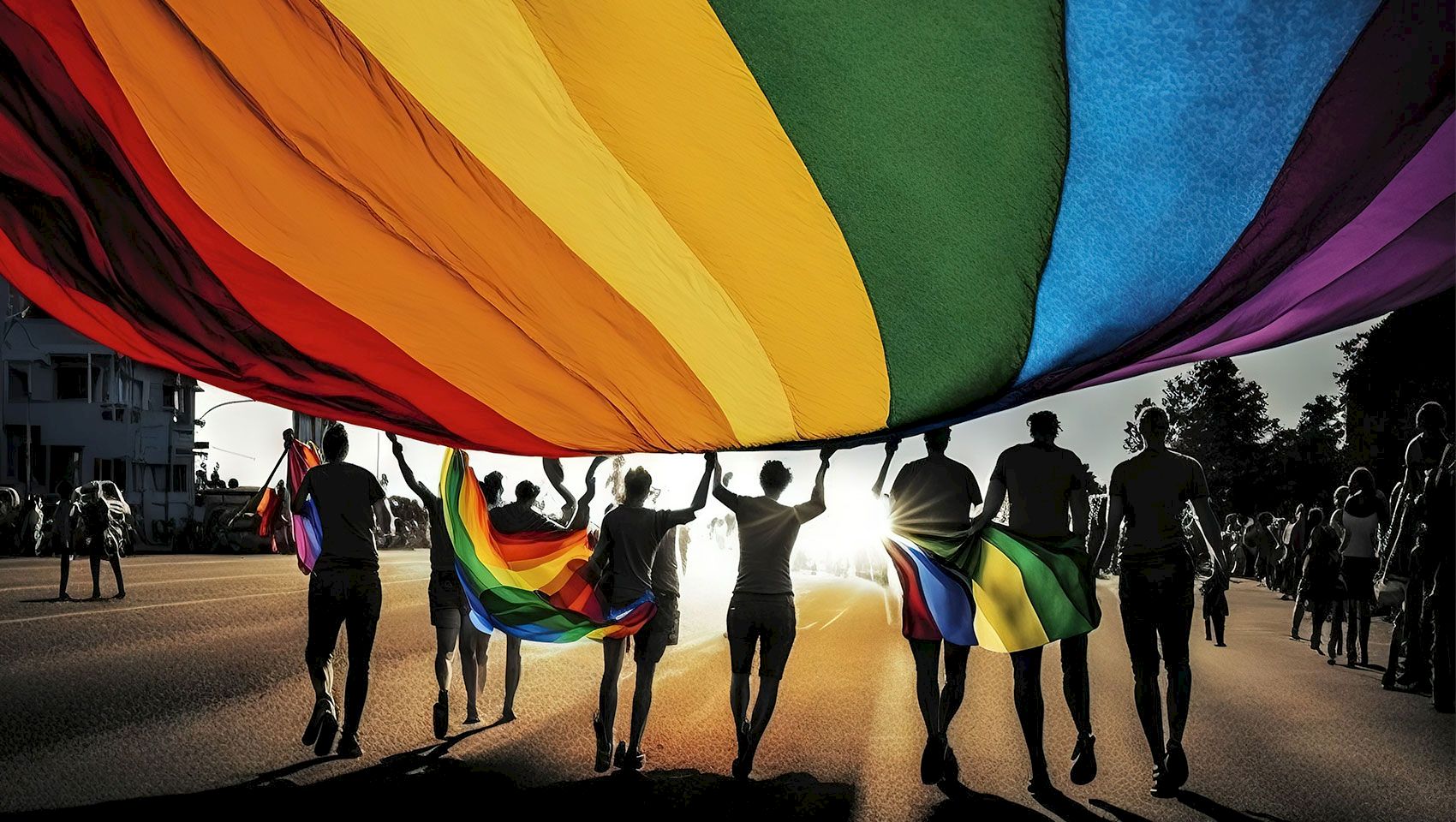 People march in a rainbow Pride-style parade with large multicolor flags at sunset, silhouetted against bright sunlight.