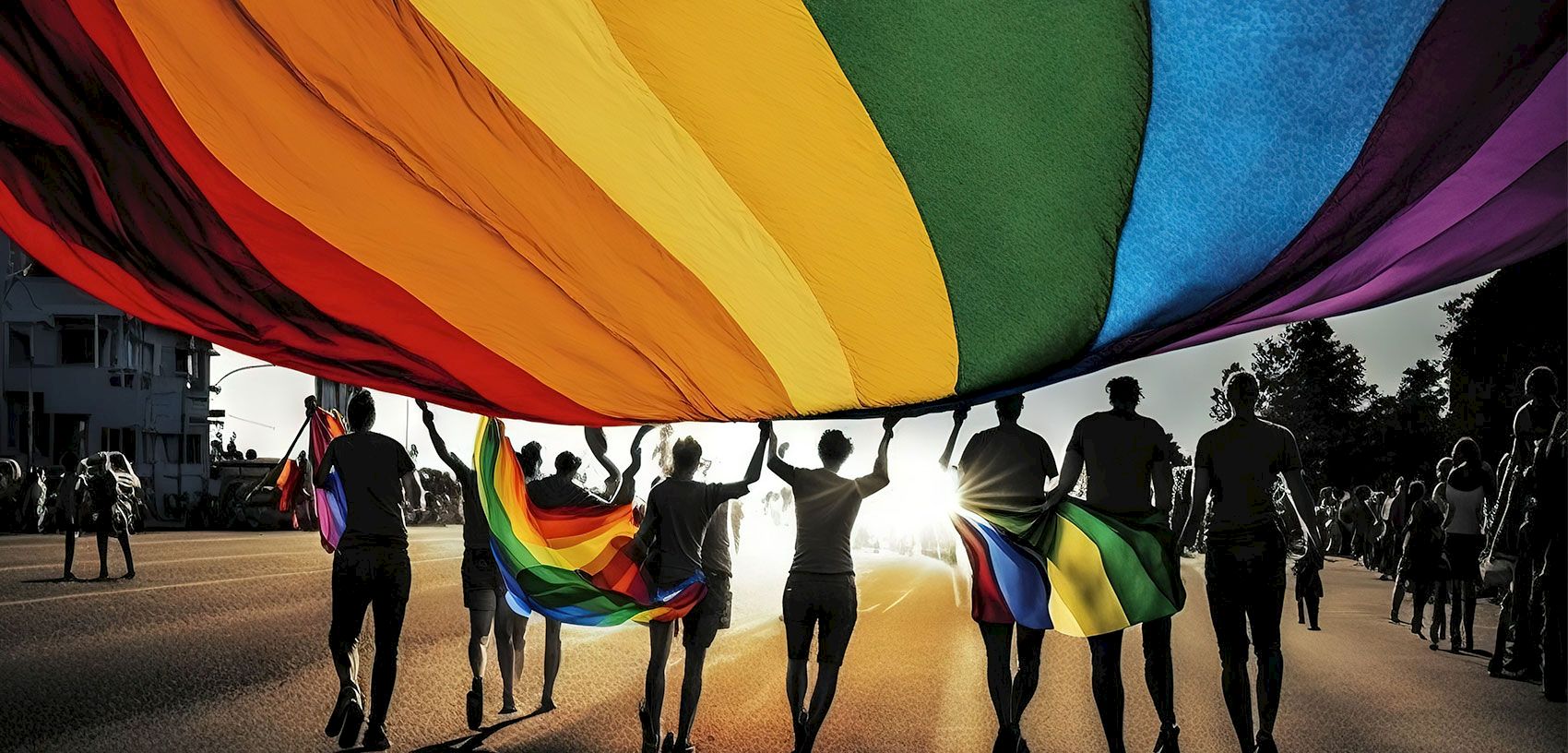 People march in a rainbow Pride-style parade with large multicolor flags at sunset, silhouetted against bright sunlight.