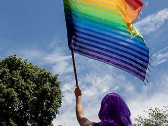 A person raises a rainbow Pride flag outdoors in front of trees and a crowd.