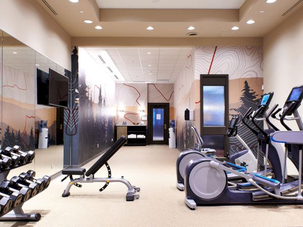 A modern gym with dumbbells, cardio machines, and a mural-covered wall, lit by ceiling lights.
