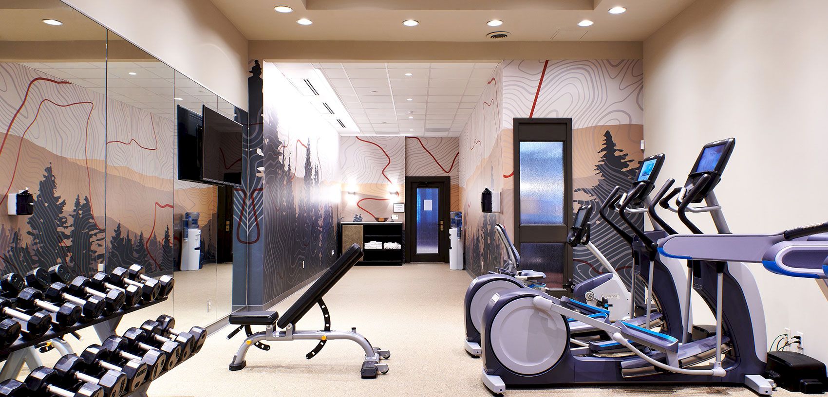 A bright gym with dumbbell racks, cardio machines, and a colorful wall mural with fitness silhouettes.