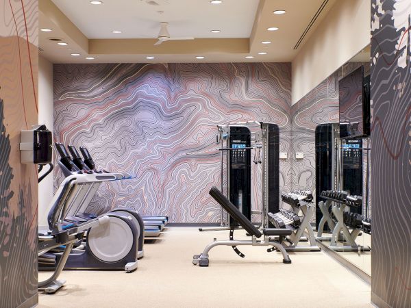 A modern gym with treadmills/cycle equipment, cable weight machines, and a large topographic wall mural in the background.
