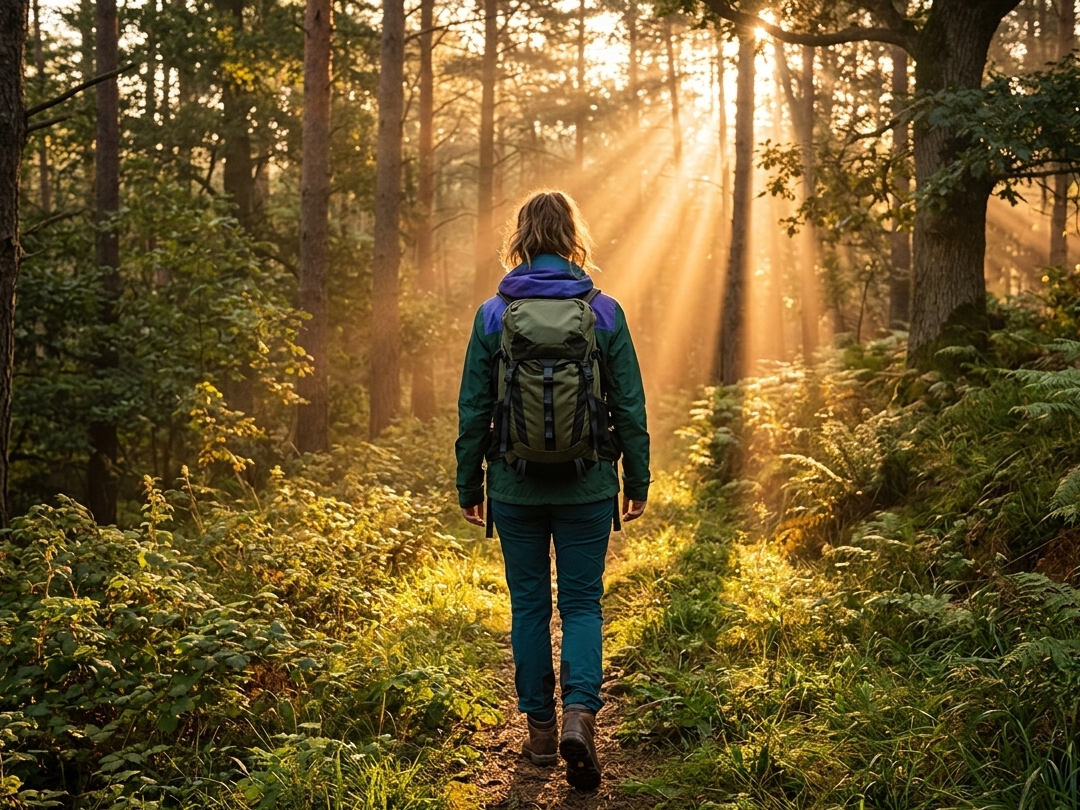 A hiker with a backpack walks through a sunlit forest trail as golden rays filter through the trees.
