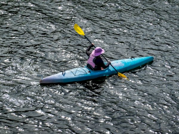 A person in a purple jacket paddles a blue kayak on rippling water, using a bright yellow double-bladed paddle.