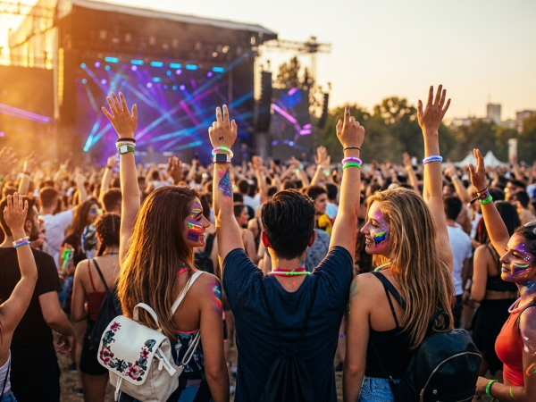 A packed outdoor music concert crowd cheers with colorful face paint and raised hands as stage lights beam in the sunset.