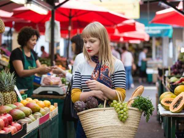 A woman browses fresh fruit and vegetables at an outdoor market, holding a basket amid stalls and shoppers nearby.