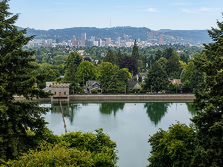 A lush park frames a calm river with a distant city skyline on hills under a blue sky.
