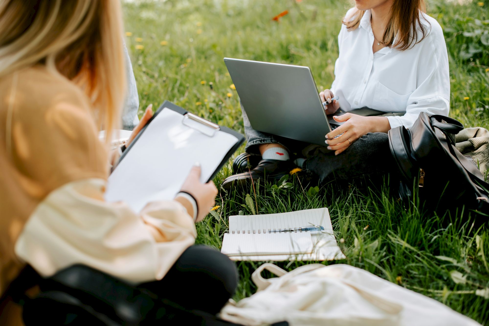 Two women sit on a sunny lawn studying together, one typing on a laptop while the other writes in a notebook.