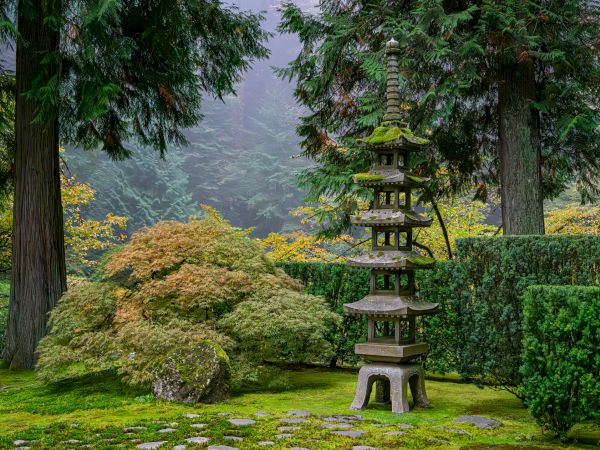 A tranquil forest garden with mossy Japanese stone lanterns, lush trees, and misty mountains stretching into the distance.
