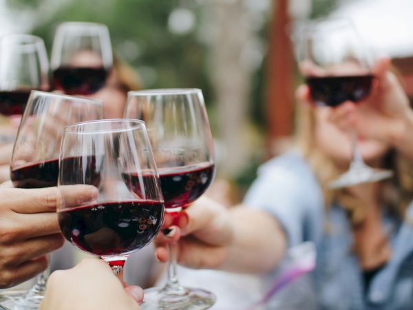 Friends clink glasses of red wine outdoors in a celebratory toast, with sunlit patio greenery behind them.